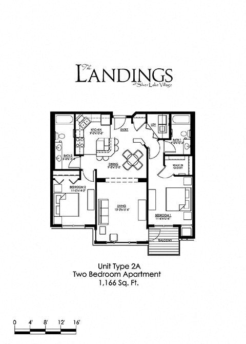 Floor plan for 2 beds, 2 baths, 1166 sqft
